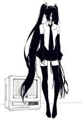 Rule 34 | 1girl, bare shoulders, black necktie, black skirt, black sleeves, black thighhighs, bloodshot eyes, collared shirt, commentary, crossover, crt, detached sleeves, english commentary, full body, fusion, greyscale, hair ornament, hair over one eye, hatsune miku, headset, highres, long hair, messy hair, microphone, miniskirt, monochrome, necktie, no shoes, pleated skirt, shirt, skirt, sleeveless, sleeveless shirt, sleeves past wrists, solo, television, the ring, thighhighs, tie clip, twintails, very long hair, videocassette recorder, virtuware, vocaloid, wet, yamamura sadako, zettai ryouiki