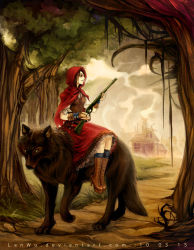 Rule 34 | 1girl, big bad wolf, blue socks, boots, bracer, brown hair, cloud, dress, forest, grimm&#039;s fairy tales, gun, hood, house, kneehighs, lace, lan wu, little red riding hood, little red riding hood (grimm), nature, outdoors, riding, smile, socks, solo, striped clothes, striped socks, tree, vertical-striped clothes, vertical-striped socks, weapon, wolf
