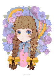 Rule 34 | 1girl, blue bow, blue bowtie, blue dress, blue eyes, blue flower, blue hat, blue pupils, blue rose, bonnet, bow, bowtie, braid, brown hair, buttons, chinese commentary, closed mouth, commentary request, cross-laced headwear, dress, eyelashes, flower, frilled hat, frills, hair bow, hat, highres, light blush, light frown, long hair, original, pink dress, pink lips, purple ribbon, ribbon, rose, solo, sparkle, tu yi, twin braids, two-sided fabric, two-sided headwear, two-tone dress, two-tone eyes, upper body, watermark, weibo logo, weibo watermark, white background, yellow eyes, yellow hat