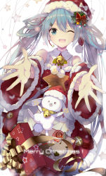 Rule 34 | &gt; o, 1girl, ;d, apron, aqua eyes, aqua hair, bell, blush, bow, box, candy, christmas, detached collar, detached sleeves, dress, food, fur-trimmed dress, fur-trimmed sleeves, fur trim, gift, gift box, hair bow, hair ornament, hairclip, hat, hat bow, hatsune miku, jingle bell, linfi-muu, lollipop, long hair, long sleeves, looking at viewer, merry christmas, one eye closed, open mouth, outstretched arms, pom pom (clothes), rabbit, red bow, red dress, red hat, revision, round teeth, santa costume, santa hat, simple background, smile, spread fingers, star (symbol), tareme, teeth, twintails, very long hair, vocaloid, white apron, white background, white bow, wide sleeves, yukine (vocaloid)