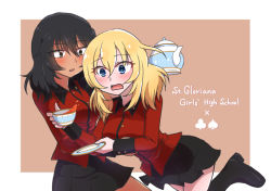Rule 34 | 2girls, accidental pervert, alternate costume, andou (girls und panzer), black footwear, black hair, black skirt, blonde hair, blue eyes, blush, boots, border, brown eyes, club (shape), commentary, cup, dark-skinned female, dark skin, english text, epaulettes, girls und panzer, grey background, hand on another&#039;s chest, holding, holding cup, holding person, holding saucer, holding teapot, jacket, leaning forward, leg up, long sleeves, looking at another, medium hair, messy hair, military, military uniform, miniskirt, multiple girls, oshida (girls und panzer), outside border, pleated skirt, red jacket, salt-apple, saucer, skirt, spade (shape), spilling, st. gloriana&#039;s military uniform, standing, standing on one leg, sweatdrop, teacup, teapot, tripping, uniform, white border