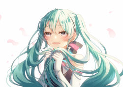 Rule 34 | 1girl, :d, aryuma772, blue hair, elbow gloves, floating hair, gloves, grey eyes, hair between eyes, hatsune miku, highres, holding, holding hair, long hair, open mouth, petals, simple background, smile, solo, twintails, upper body, very long hair, vocaloid, white background, white gloves