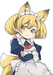 Rule 34 | 1girl, animal ears, blonde hair, croixsan, crossed arms, dress, female focus, fox ears, fox tail, maid headdress, multiple tails, original, simple background, solo, tail, twintails, white background, yellow eyes