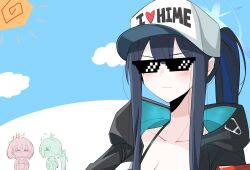 Rule 34 | 3girls, arikalovesyou2, arknights, baseball cap, black hair, black jacket, blue archive, blue hair, blue sky, blush, ch&#039;en (arknights), closed mouth, cloud, collarbone, english text, female tourist c (arknights), halo, hat, highres, hiyori (blue archive), implied yuri, ishigami shizuka, jacket, long hair, looking at another, misaki (blue archive), multicolored hair, multiple girls, ponytail, saori (blue archive), side ponytail, sky, sparkle, streaked hair, sun, swimsuit, voice actor connection, white hair