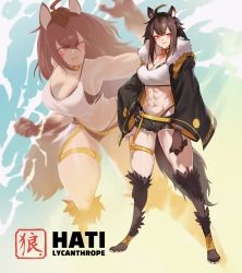 Rule 34 | 1girl, abs, ahoge, animal ears, animal feet, black hair, breasts, character name, cleavage, collar, cutoffs, facial mark, fur trim, hand on own hip, highleg, highleg panties, highres, jacket, jin rou, large breasts, midriff, mole, mole on breast, multiple views, muscular, navel, open clothes, open jacket, original, panties, parted lips, pink eyes, short shorts, shorts, sidelocks, skindentation, standing, string panties, tail, thigh strap, toned, underwear