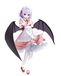Rule 34 | 1girl, absurdres, alternate costume, alternate headwear, apron, ascot, bat wings, blush, commentary, enmaided, fangs, heart, heart hands, highres, looking at viewer, maid, maid apron, maid headdress, open mouth, puffy short sleeves, puffy sleeves, purple hair, red ascot, red eyes, red footwear, remilia scarlet, short hair, short sleeves, simple background, solo, touho 0505, touhou, white apron, white background, wings, wrist cuffs