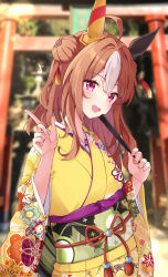 Rule 34 | 1girl, absurdres, ahoge, alternate costume, animal ears, blurry, blurry background, blush, brown hair, copano rickey (umamusume), eighth note, fang, folding fan, hair bun, hand fan, hands up, highres, holding, holding fan, horse ears, index finger raised, japanese clothes, kimono, long hair, long sleeves, musical note, obi, open mouth, outdoors, pink eyes, sash, smile, solo, tassel, tiara (871220), torii, umamusume, upper body, wide sleeves, yellow kimono