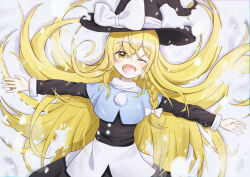 Rule 34 | 1girl, absurdres, alternate costume, apron, beckody, blonde hair, blush, bow, braid, commentary request, hair bow, hat, hat bow, highres, kirisame marisa, long hair, long sleeves, looking at viewer, lying, on back, one eye closed, open mouth, side braid, single braid, smile, snow, solo, touhou, very long hair, waist apron, white bow, witch hat, yellow eyes
