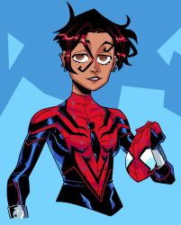 Rule 34 | 1girl, alternate skin color, animal print, blue background, bodysuit, breasts, commentary, dark-skinned female, dark skin, earrings, english commentary, highres, jewelry, looking at viewer, marvel, mask, mayday parker, medium breasts, red bodysuit, red hair, short hair, simple background, skin tight, solo, spider-girl, spider-man: across the spider-verse, spider-man (series), spider-verse, spider print, spider web print, superhero costume, two-tone bodysuit, unworn mask, wolfsvile