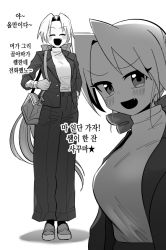 Rule 34 | 1girl, ^ ^, absurdly long hair, bag, black pantyhose, blush, bow, breasts, closed eyes, facing viewer, fang, formal, full body, greyscale, hair bow, handbag, korean text, large breasts, long hair, looking at viewer, monochrome, multiple views, open mouth, original, pantyhose, ponytail, smile, suit, translation request, very long hair, wootsang