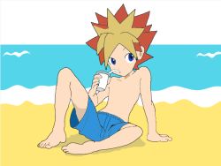 Rule 34 | 1boy, beach, blue eyes, child, drinking straw, male focus, multicolored hair, sand, saru getchu, shorts, solo, spiked hair, spikes, swimsuit, toes