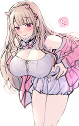 Rule 34 | 1girl, :q, black collar, blush, breasts, cleavage, collar, earrings, goddess of victory: nikke, hair intakes, hand on own hip, heart, heart collar, highres, horns, jacket, jewelry, large breasts, leaning forward, light brown hair, long hair, looking at viewer, mask, mask pull, mouth mask, naoyama masaru, pink horns, pink jacket, pleated skirt, red eyes, sidelocks, simple background, single earring, sketch, skirt, solo, spoken heart, tongue, tongue out, viper (nikke), white background, zipper