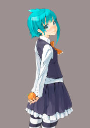 Rule 34 | 1girl, aqua eyes, aqua hair, arms behind back, ascot, asymmetrical hair, bad id, bad pixiv id, blush, food, freckles, fruit, highres, holding, holding food, holding fruit, looking at viewer, looking back, maeda risou, orange (fruit), original, short hair, simple background, skirt, smile, solo, standing, striped clothes, striped thighhighs, thighhighs, vest
