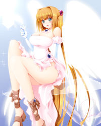 Rule 34 | 1girl, ankle lace-up, bad id, bad pixiv id, bare shoulders, blonde hair, blue eyes, breasts, cleavage, cross-laced footwear, dress, elbow gloves, gloves, large breasts, legs, long hair, long legs, original, side slit, solo, thighs, tsubame (minami haruka), very long hair, wings