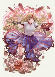Rule 34 | 1girl, alcohol, blonde hair, blue skirt, broken, crack, cuffs, cup, dust cloud, eyebrows hidden by hair, floating hair, full body, geta, grey background, grin, highres, holding, holding cup, horns, hoshiguma yuugi, long hair, looking at viewer, masakichi (mmw), official art, oni, oni horns, red eyes, sakazuki, sake, shackles, shirt, short sleeves, simple background, single horn, skirt, smile, solo, strange creators of outer world, striped clothes, striped skirt, teeth, third-party source, touhou, vertical-striped clothes, vertical-striped skirt, very long hair, white shirt