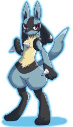 Rule 34 | 1boy, animal ears, animal hands, black fur, blue fur, blue outline, body fur, chizi, closed mouth, creatures (company), full body, furry, furry male, game freak, gen 4 pokemon, hand up, happy, highres, looking to the side, lucario, male focus, nintendo, outline, pokemon, pokemon (creature), red eyes, simple background, smile, snout, solo, spikes, standing, tail, white background, wolf boy, wolf ears, yellow fur