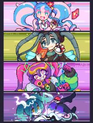 Rule 34 | artsy vii, bug miku (project voltage), creatures (company), fairy miku (project voltage), game freak, ghost miku (project voltage), hatsune miku, highres, multicolored hair, nintendo, poison miku (project voltage), poke ball, poke ball (basic), pokemon, project voltage, sprite art, twintails, vocaloid, yellow eyes