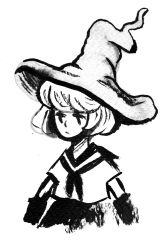 Rule 34 | 1girl, arms at sides, greyscale, hat, heikala, highres, ink (medium), looking to the side, monochrome, neckerchief, original, sailor collar, school uniform, serafuku, short hair, skirt, solo, traditional media, witch hat