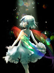 Rule 34 | 1girl, ahoge, akinomiya asuka, black hair, commentary request, dress, frilled dress, frills, highres, hollow song of birds, light particles, looking back, multicolored hair, open mouth, original, rainbow, short hair, sleeveless, sleeveless dress, solo, torisumi horou, touhou, white dress, white hair, yellow eyes