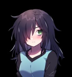 Rule 34 | 1girl, artist name, bags under eyes, black background, black hair, blush, breasts, closed mouth, collarbone, commentary, commission, english commentary, green eyes, green shirt, hair between eyes, hair over one eye, highres, himey, kuroki tomoko, long hair, long sleeves, looking to the side, raglan sleeves, second-party source, shirt, simple background, solo, upper body, watashi ga motenai no wa dou kangaetemo omaera ga warui!