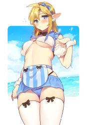 Rule 34 | 1girl, alternate costume, apron, bare shoulders, blonde hair, blue apron, blue bow, blue eyes, blush, bow, bowtie, breasts, brown bow, brown bowtie, commentary request, cowboy shot, day, detached sleeves, earrings, flying sweatdrops, from below, genderswap, genderswap (mtf), hair bow, highres, jewelry, large breasts, link, microskirt, nintendo, ocean, pointy ears, puffy short sleeves, puffy sleeves, shiny skin, short sleeves, skindentation, skirt, solo, the legend of zelda, the legend of zelda: breath of the wild, thighhighs, ttanuu., underboob, white apron, white thighhighs, wrist cuffs