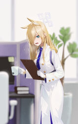 Rule 34 | 1girl, absurdres, alternate costume, animal ears, asymmetrical bangs, bags under eyes, blonde hair, blue archive, blue necktie, blurry, blurry background, breasts, cropped jacket, cup, fieryonion, fox ears, gloves, hair over one eye, halo, highres, holding, holding cup, holding notepad, indoors, jacket, kanna (blue archive), large breasts, long bangs, long hair, long skirt, looking at viewer, necktie, notepad, one eye covered, partition, sharp teeth, skirt, solo, steam, straight hair, teeth, very long hair, white gloves, white jacket, white skirt