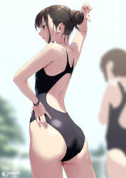 Rule 34 | 2girls, arm up, ass, black one-piece swimsuit, blurry, blurry background, brown eyes, brown hair, closed mouth, commentary request, fingernails, hair bun, hand on own hip, jonsun, looking away, multiple girls, one-piece swimsuit, original, outdoors, shiori (jonsun), solo focus, swimsuit, twitter username, wet, wet hair
