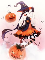 Rule 34 | 1girl, bad id, bad pixiv id, bare shoulders, black hair, dress, gloves, hat, highres, jack-o&#039;-lantern, long hair, mask, original, red eyes, strapless, strapless dress, striped clothes, striped thighhighs, thighhighs, twintails, weyowang, witch hat