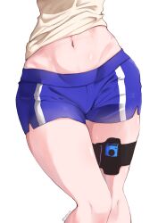 Rule 34 | 1girl, abs, absurdres, blue pants, highres, hip bones, hololive, hololive english, joy-con, midriff peek, navel, official alternate costume, ouro kronii, ouro kronii (casual), pants, shirt, short shorts, shorts, simple background, solo, sweat, sweatdrop, takoroki, thigh strap, twitter username, virtual youtuber, white background, white shirt