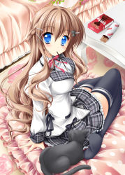 Rule 34 | 1girl, animal, bed, black thighhighs, blue eyes, blush, braid, brand name imitation, breasts, brown hair, cat, couch, food, hair ornament, hairclip, half updo, highres, indoors, kamiya tomoe, knees together feet apart, looking at viewer, medium breasts, mouth hold, original, package, pocky, school uniform, sitting, skirt, solo, table, tareme, thighhighs, wariza, zettai ryouiki