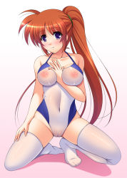 Rule 34 | 00s, 1girl, between breasts, blue eyes, blush, breasts, brown hair, lyrical nanoha, mahou shoujo lyrical nanoha, mahou shoujo lyrical nanoha strikers, narutaki shin, navel, aged up, one-piece swimsuit, ponytail, purple eyes, see-through, solo, swimsuit, takamachi nanoha, thighhighs, uncensored, white thighhighs