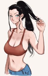 Rule 34 | 1girl, absurdres, alternate costume, black hair, blue eyes, breasts, cowboy shot, denim, grey background, highres, holding, holding own hair, jeans, joy boy, large breasts, long hair, looking at viewer, navel, nico robin, one piece, pants, ponytail, red tank top, simple background, smile, solo, sports bra, tank top, white background
