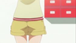 Rule 34 | 1girl, animated, animated gif, arm up, ass, ass focus, ass shake, blush, brown eyes, brown hair, closed mouth, day, female focus, hair ornament, hidamari sketch, legs, looking at viewer, medium hair, outdoors, shorts, smile, solo, stairs, standing, yuno (hidamari sketch)
