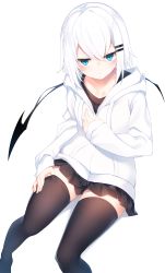 Rule 34 | 1girl, black thighhighs, blue eyes, blush, breasts, collarbone, commentary request, hair between eyes, hair ornament, hairclip, highres, hood, hood down, hoodie, looking at viewer, original, otokuyou, pleated skirt, ringo-chan (otokuyou), short hair, simple background, skirt, small breasts, solo, thighhighs, white background, white hair