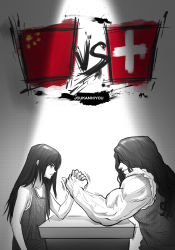 Rule 34 | 2girls, androgynous, arm wrestling, gradient background, hair over eyes, highres, jokanhiyou, long hair, monochrome, multiple girls, muscular, muscular female, original, people&#039;s republic of china flag, spot color, swiss flag, tank top, veins, vs, white background