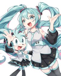 Rule 34 | 2girls, amy rose, arm tattoo, arm up, artist name, blue eyes, blue hair, cosplay, detached sleeves, dress, furry, furry female, hand on own hip, hatsune miku, hatsune miku (cosplay), hedgehog, hedgehog ears, hedgehog girl, hedgehog tail, highres, kiioki11, long hair, looking at viewer, multiple girls, necktie, open mouth, shirt, short hair, simple background, sleeveless, sleeveless shirt, sonic (series), tattoo, twintails, upper body, very long hair, vocaloid
