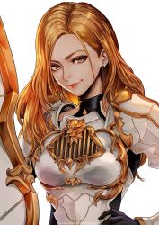 Rule 34 | 1girl, armor, blonde hair, bodysuit, breasts, brown eyes, brown hair, cleavage, clothing cutout, hand on own hip, highres, kisara (tales), long hair, looking at viewer, magion02, shield, shoulder armor, simple background, smile, solo, tales of (series), tales of arise, white background