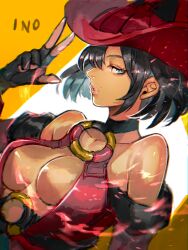 Rule 34 | aqua eyes, black gloves, black hair, breasts, character name, choker, cleavage, cowboy shot, detached sleeves, fingerless gloves, gloves, guilty gear, guilty gear xx, hat, highres, i-no, large breasts, mole, mole above mouth, o-ring, o-ring top, red hat, red leather, short hair, witch, witch hat, yohane shimizu