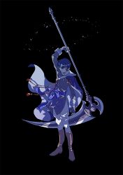 Rule 34 | 1boy, arm up, black background, black gloves, blue cape, blue hair, brown footwear, cape, closed mouth, fingerless gloves, gloves, hair between eyes, holding, holding scythe, holding weapon, mahoutsukai no yakusoku, male focus, o ikw, orange eyes, scythe, shino (mahoutsukai no yakusoku), simple background, smile, solo, standing, weapon