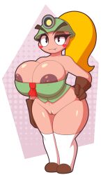 Rule 34 | 1girl, animated, animated gif, bare shoulders, blonde hair, blush stickers, bottomless, bouncing breasts, breasts, cleavage, curvy, fang, female focus, full body, gloves, goombella, hand on own hip, hard hat, helmet, huge breasts, kneehighs, long hair, looking at viewer, mario (series), nintendo, nipples, paper mario, paper mario: the thousand year door, ponytail, pussy, r-mk, socks, solo, thick thighs, thighs, wide hips