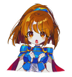 Rule 34 | 1girl, absurdres, arle nadja, armor, brown eyes, brown hair, highres, looking at viewer, offbeat, open mouth, puyopuyo, short hair, short ponytail, simple background, solo, upper body, white background