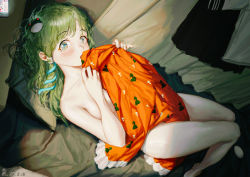 Rule 34 | 1girl, bad id, bad pixiv id, between legs, blush, breasts, cellphone, unworn clothes, commentary request, congming lan, couch, frog hair ornament, full body, glowing, green eyes, green hair, hair ornament, highres, holding, holding clothes, kochiya sanae, long hair, looking at viewer, lying, medium breasts, on back, open mouth, panties, phone, school uniform, serafuku, smartphone, snake hair ornament, solo, touhou, underwear, underwear only