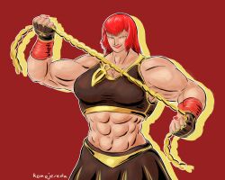 Rule 34 | 1girl, abs, absurdres, bare shoulders, breasts, capcom, female focus, fighting stance, gloves, highres, large breasts, lipstick, looking at viewer, makeup, marisa (street fighter), muscular, muscular arms, muscular female, red hair, rope, short hair, skirt, smile, solo, street fighter, street fighter 6, tall female, teasing, yellow eyes