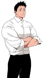 Rule 34 | 1boy, balnom, bara, collared shirt, crossed arms, expressions, feet out of frame, formal, highres, large pectorals, looking at viewer, male focus, muscular, muscular male, original, pectorals, salaryman, shirt, short hair, sideburns, sleeves rolled up, solo, standing, tight clothes, tight shirt, white background, white shirt