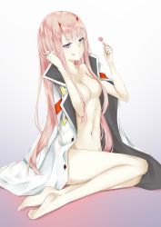 Rule 34 | 10s, 1girl, absurdres, barefoot, blue eyes, breasts, candy, coat, darling in the franxx, feet, food, highres, licking lips, lollipop, long hair, looking at viewer, nude, pink hair, soles, toes, tongue, tongue out, zero two (darling in the franxx)