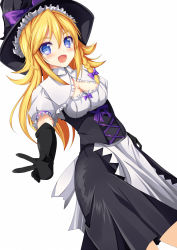 Rule 34 | 1girl, akane (cookie), apron, black gloves, black hat, black skirt, blonde hair, blue eyes, blush, bow, braid, breasts, cleavage, cleavage cutout, clothing cutout, collared shirt, commentary request, cookie (touhou), cowboy shot, dutch angle, elbow gloves, frilled sleeves, frills, gloves, hair between eyes, hair bow, hat, hat bow, highres, kirisame marisa, long hair, looking at viewer, medium breasts, open mouth, purple bow, shirt, side braid, simple background, single braid, skirt, smile, solo, szk, touhou, underbust, v, waist apron, white background, white shirt, witch hat