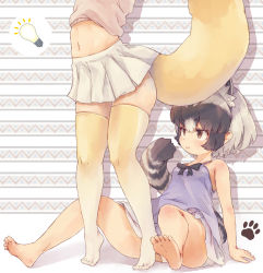 Rule 34 | 2girls, :&gt;, adapted costume, animal ear fluff, animal ears, bare arms, bare legs, bare shoulders, barefoot, black hair, brown eyes, commentary request, common raccoon (kemono friends), extra ears, fennec (kemono friends), grey hair, hair between eyes, head out of frame, highres, implied pantyshot, kemono friends, kolshica, light bulb, midriff, multicolored hair, multiple girls, navel, panties, pantyshot, pleated skirt, raccoon ears, raccoon tail, short hair, sitting, skirt, smile, soles, spaghetti strap, standing, tail, thighhighs, tiptoes, two-tone hair, underwear, white panties, white skirt, yellow legwear