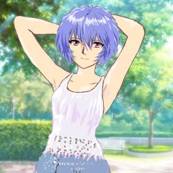 Rule 34 | 1girl, arms behind head, arms up, ayanami rei, bench, blue hair, closed mouth, collarbone, day, hair between eyes, hedge, highres, lamppost, light blue hair, looking at viewer, mizumori keiichi, neon genesis evangelion, outdoors, red eyes, short hair, smile, solo, split mouth, tank top, tree, white tank top