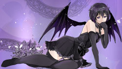 Rule 34 | 1girl, bat wings, black dress, black footwear, black gloves, black hair, boots, covering own mouth, detached collar, dress, elbow gloves, gloves, hand over own mouth, hayame (m ayame), head wreath, high heel boots, high heels, original, purple eyes, ribbon, short hair, sitting, solo, strapless, strapless dress, thigh boots, thighhighs, wings, yokozuwari