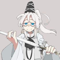 Rule 34 | 1girl, bags under eyes, black hat, blue eyes, bolos, closed mouth, commentary, english commentary, grey background, half-swording, hat, holding, holding sword, holding weapon, japanese clothes, kariginu, long hair, long sleeves, looking at viewer, medium bangs, mononobe no futo, pom pom (clothes), ponytail, simple background, smile, solo, sword, tate eboshi, touhou, upper body, weapon, white hair, wide sleeves